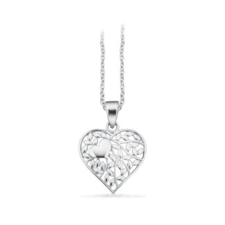 Hjertehalskæde i sølv med blade og hjerte